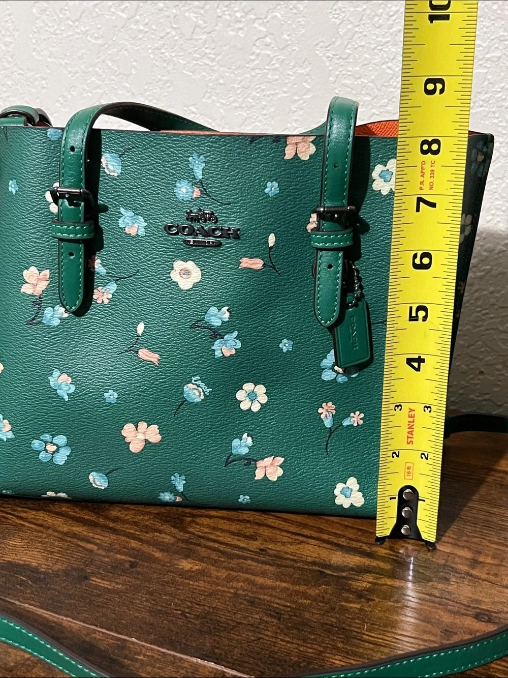 Beautiful Coach Green Floral Shoulder Tote with Pink & Blue Flowers